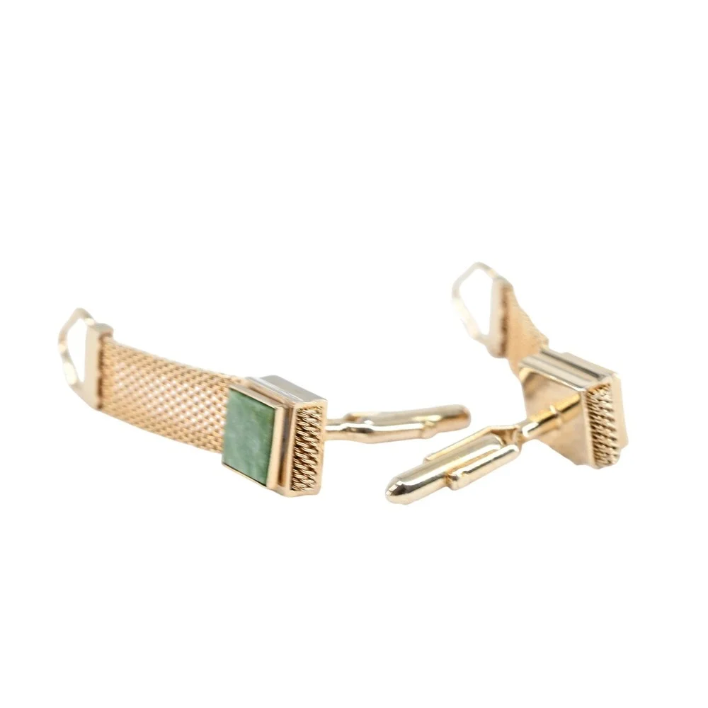 Vintage Gold Mesh Wrap Cufflinks Faux Jade Square Excellent Retro 70s Luxe